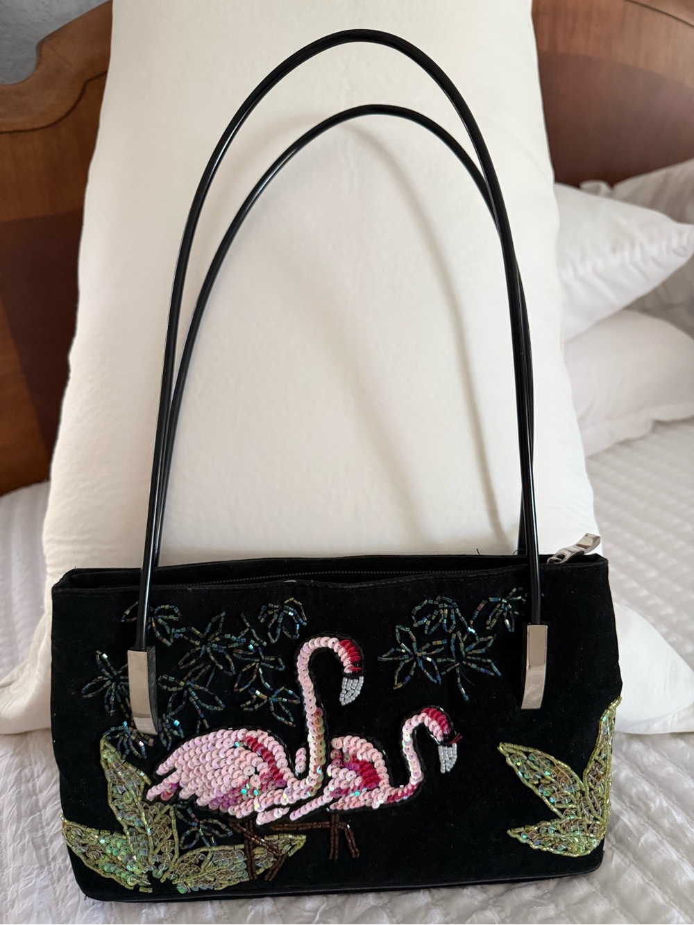 Black Velvet Flamingo Sequined Shoulder Bag